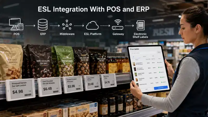 POS અને ERP સાથે ઇલેક્ટ્રોનિક શેલ્ફ લેબલ એકીકરણ: API, ડેટા મેપિંગ, એરર હેન્ડલિંગ અને રોલબેક