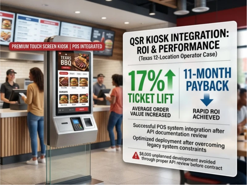 Premium touch screen kiosk integrated with restaurant POS system for QSR operator showing ROI and ticket lift Premium touch screen kiosk integrated with restaurant POS system for QSR operator showing ROI and ticket lift