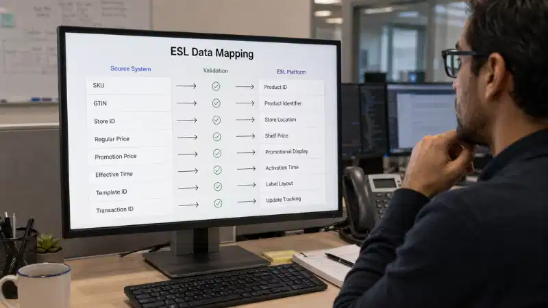ESL data mapping between POS and ERP product fields and electronic shelf label fields