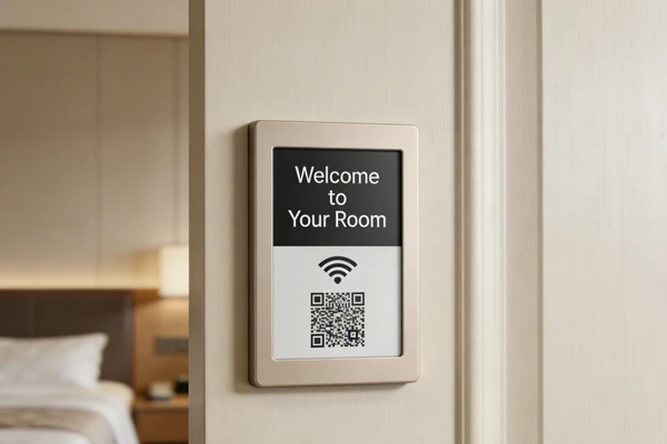 E-ink digital door sign displaying personalized guest welcome message in hotel hallway